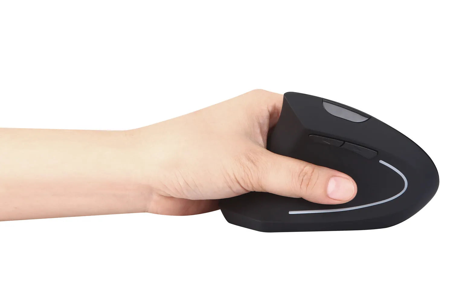 Left hand vertical wireless mouse in black ergonomic design with thumb buttons