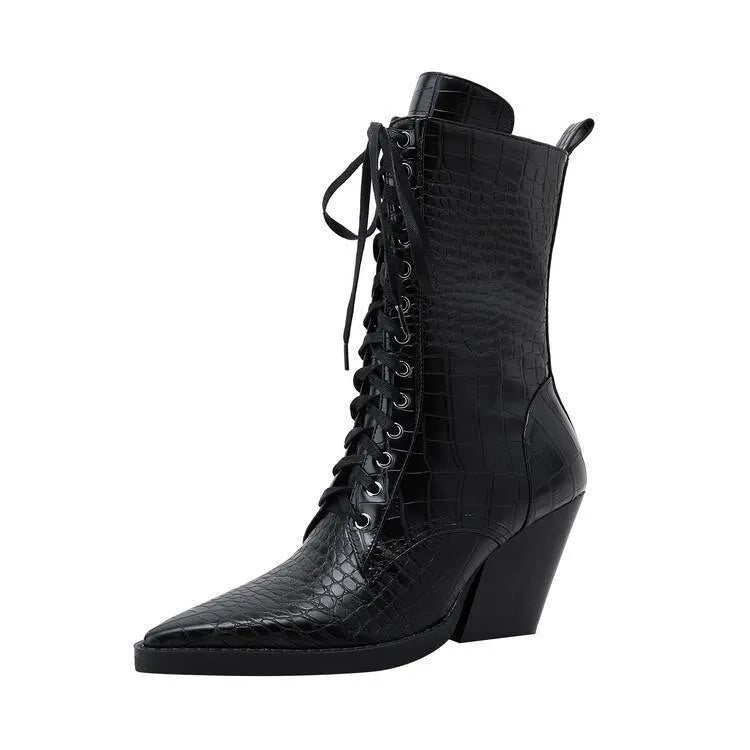Dark brown women's pointed toe ankle boots with a chunky heel and side zip.
