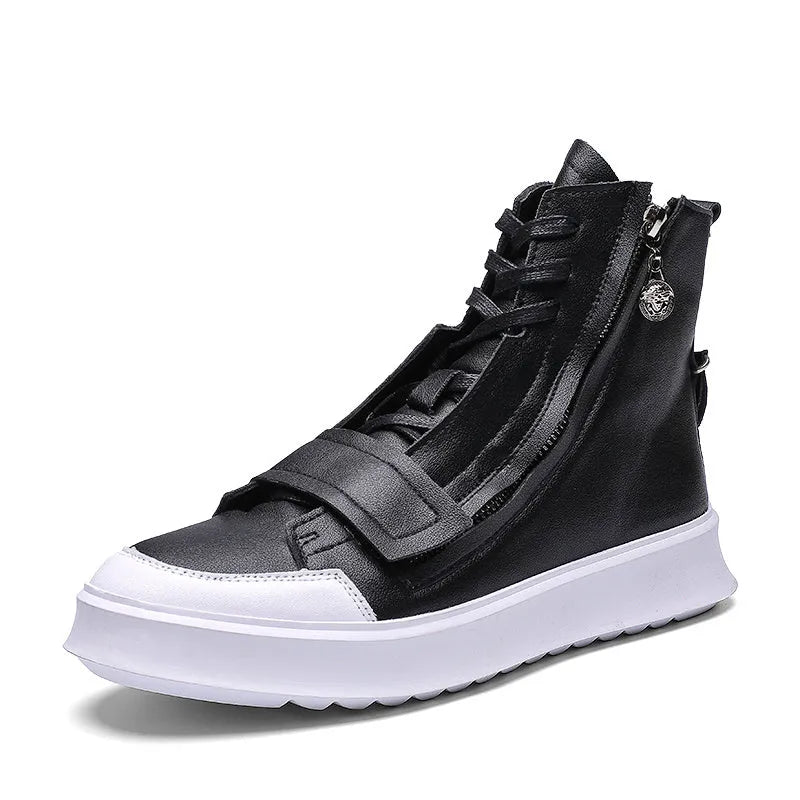 Men's black PU leather ankle boot in high-top sneaker style for winter.