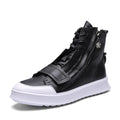 Men's black PU leather ankle boot in high-top sneaker style for winter.