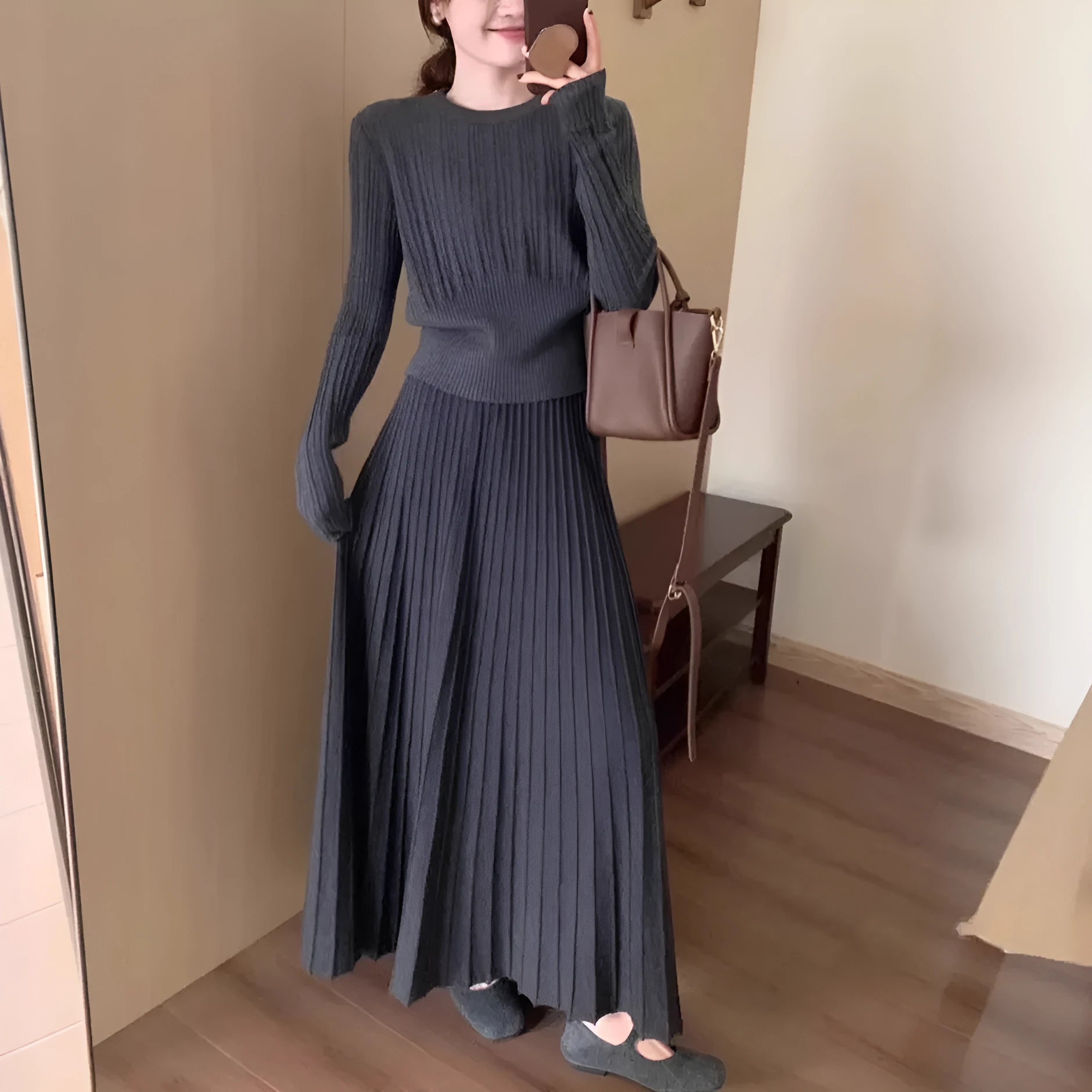 Women's dark grey knitted dress suit set with 3D pattern, ethnic stitching, sweater and skirt