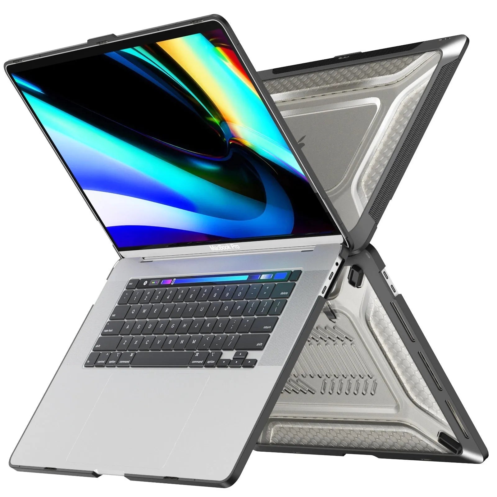 MacBook protective shell case shown in cold black, starry sky grey, elegant apricot, and sapphire blue colours.
