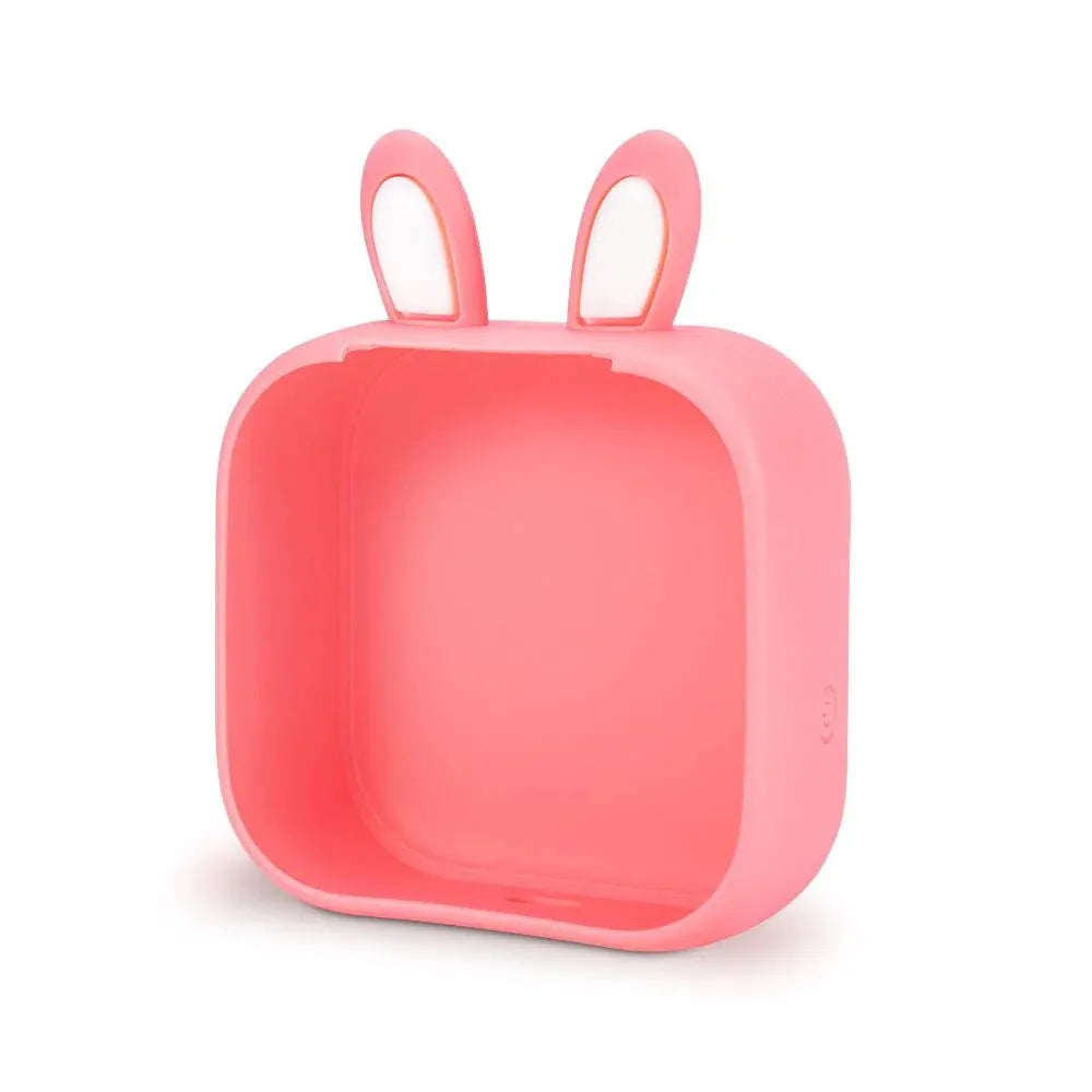 Mini portable USB printer with rabbit ear protective case in pink, green, or white.