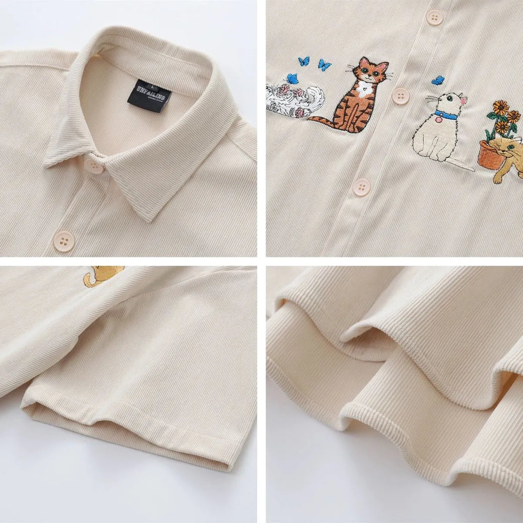 Loose casual shirt with cartoon embroidery pattern in polyester fabric