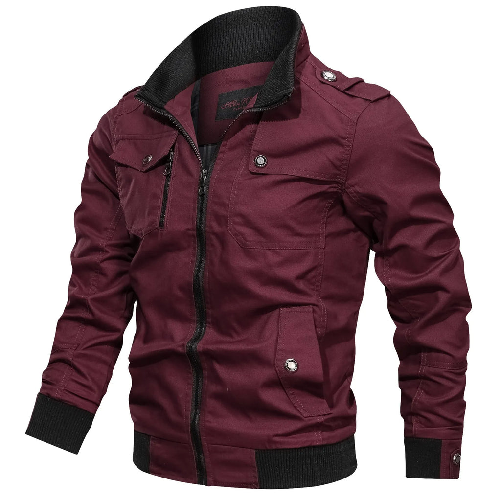 Solid colour cotton stand collar jacket for men with side pockets in black, blue, green, khaki, maroon