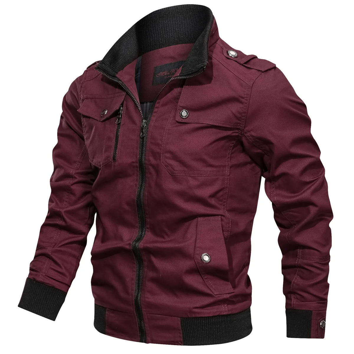 Solid colour cotton stand collar jacket for men with side pockets in black, blue, green, khaki, maroon