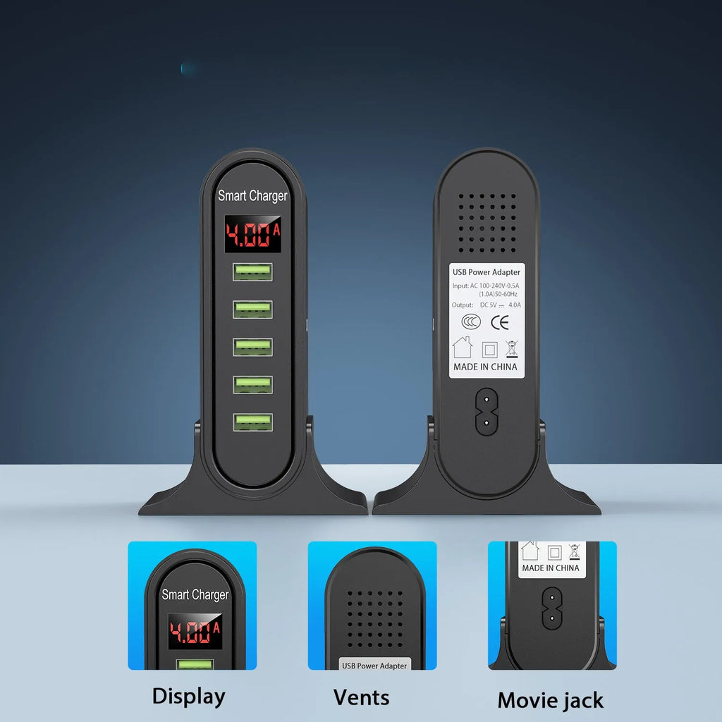 Smart LED Digital Display USB Charger in black or white with UK, EU, US plug options.