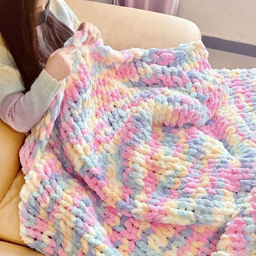 Coarse yarn chenille knitted blanket with braided gravity design in multiple colour options