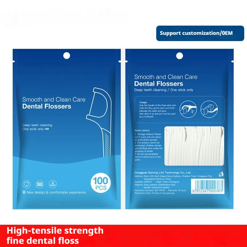 Portable bag containing 100 independently packaged plastic dental floss threads.