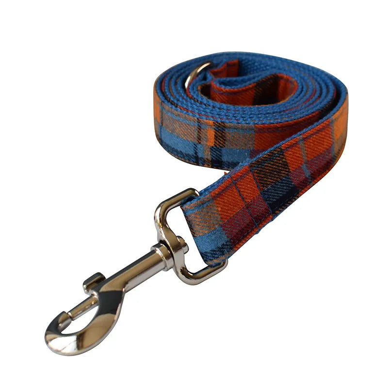 Blue velvet plaid dog collar with alloy metal buckle shown in multiple size options