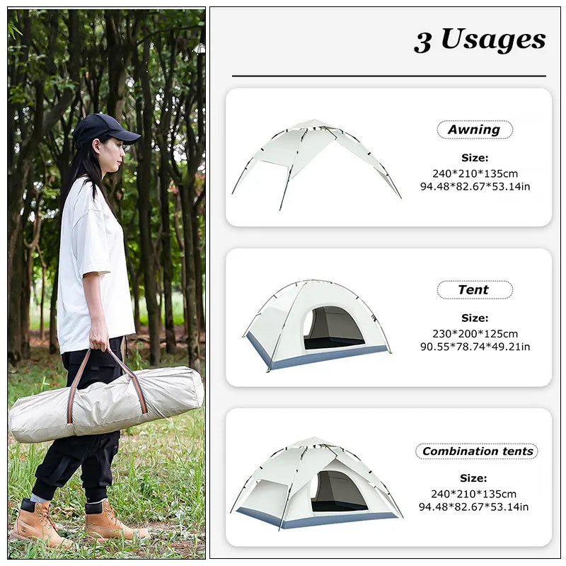 Beige fully automatic quick-opening double-deck outdoor tent set up on grass, with internal and external layers visible