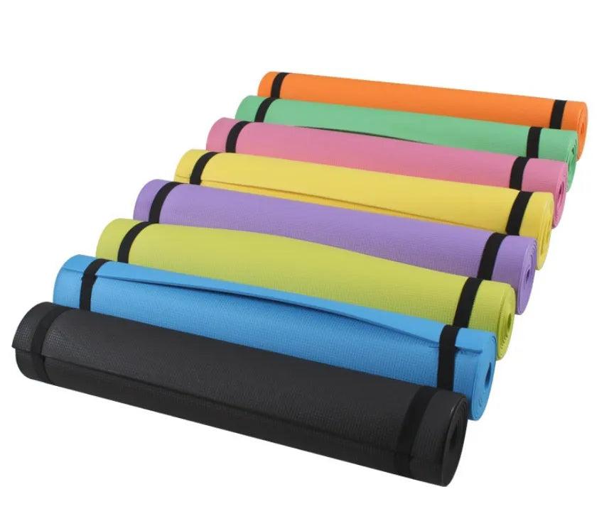 Red EVA fitness yoga mat with rolled edge showing thickness, alongside a blue mat and OPP storage bag.