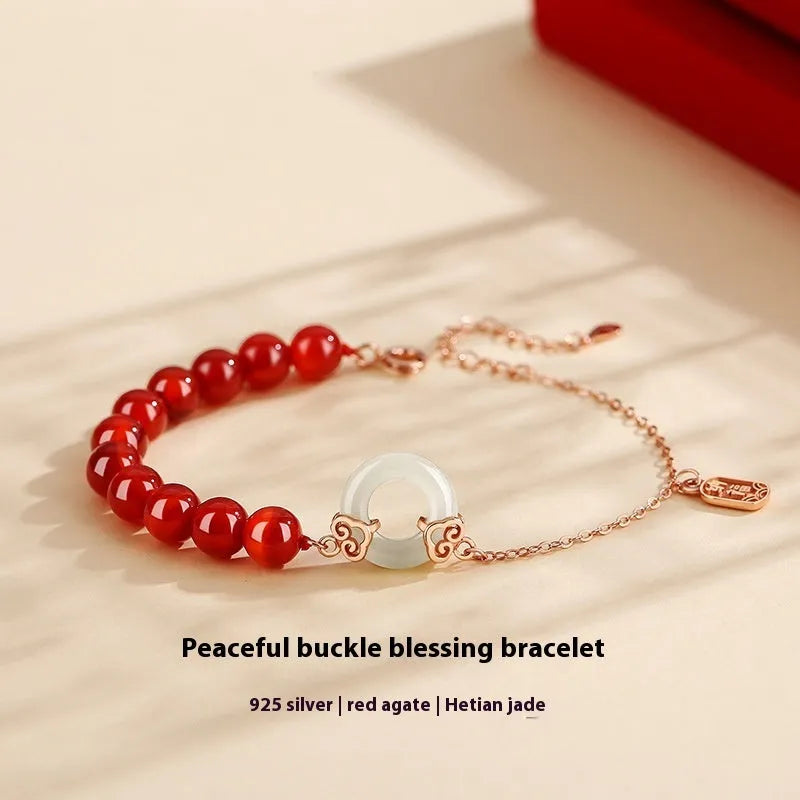 Sterling silver 925 bracelet with peace buckle charm and traditional Chinese design elements