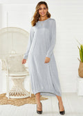 A loose black lantern dress with a lace-up crew neck, made from knitted polyester fabric.