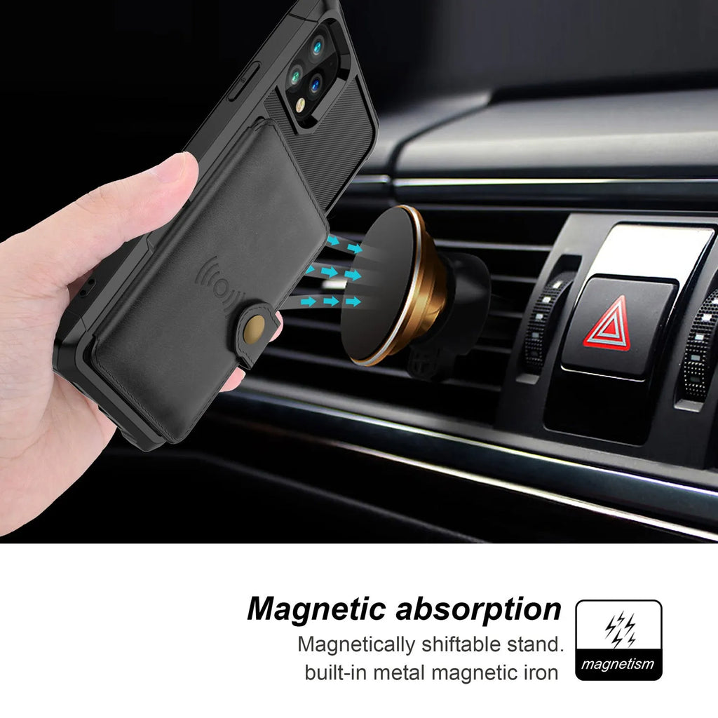 Imitation leather iPhone case with a rear card wallet pocket, shown in black, blue, green, pink, and red colours.