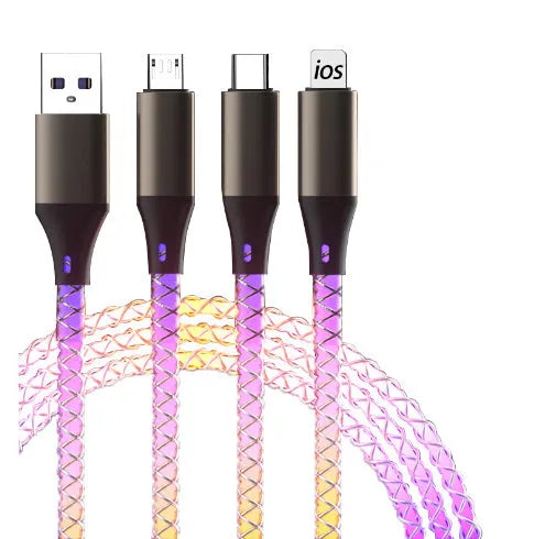 Colourful phantom gradient charging cable with Lightning, Micro USB, and Type-C connectors on a 1.2m cable