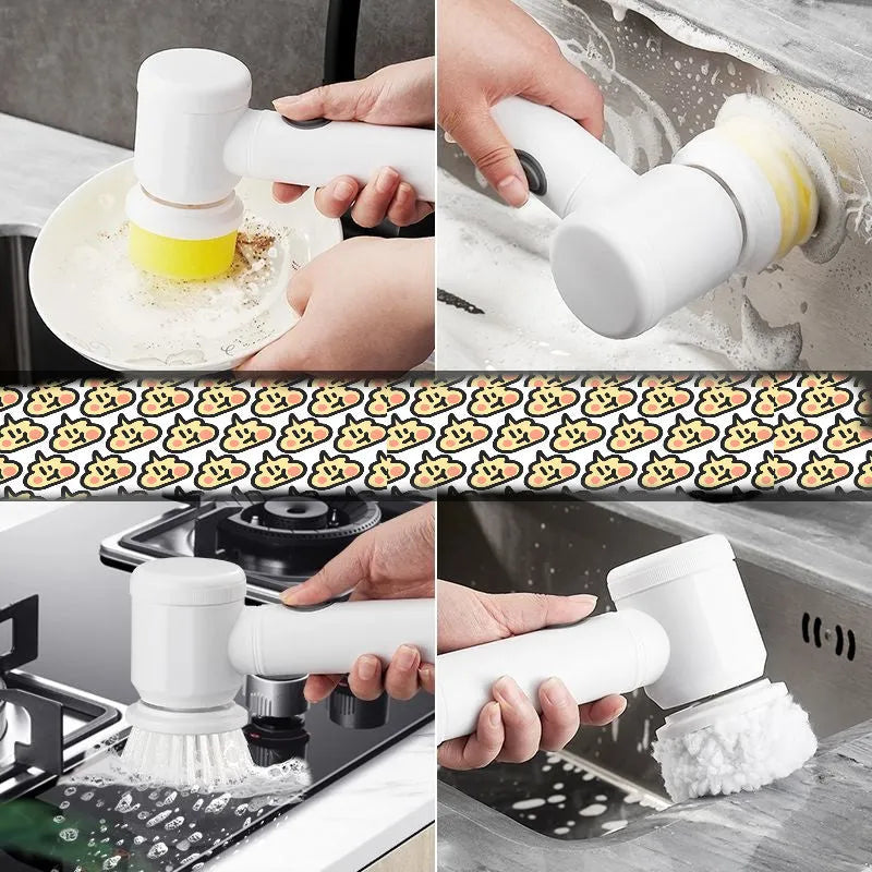 Rechargeable electric kitchen scrubber brush with multiple nylon brush heads and storage hook