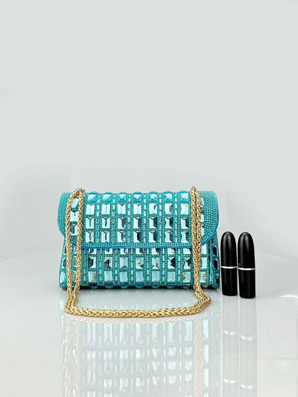 Shiny glass rhinestone chain clutch purse with diamond accents in horizontal square shape