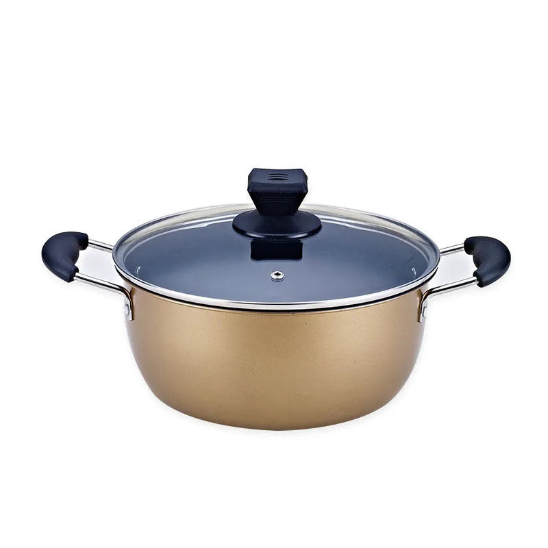 Three-piece cast iron cookware set with soup pot, milk pot and wok featuring non-stick coating