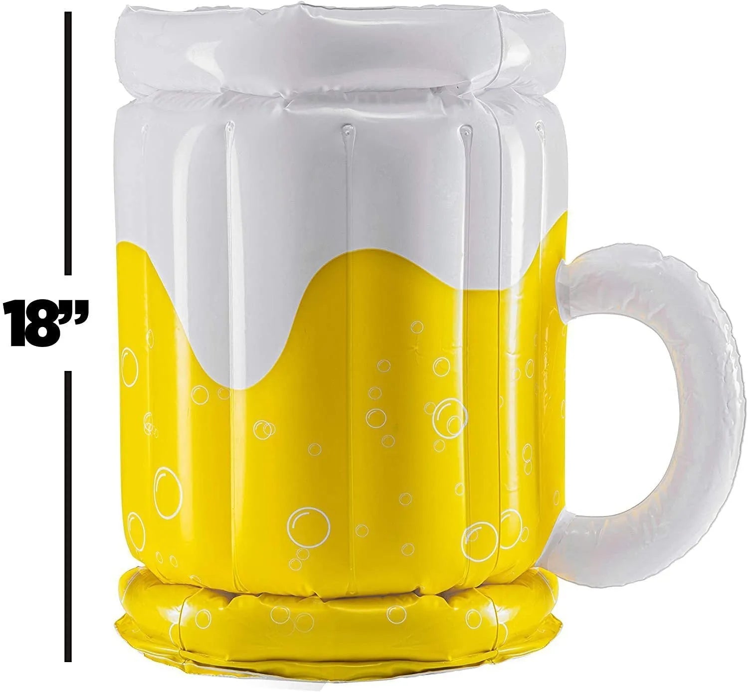Large yellow inflatable beer mug shaped pool float drink cooler with ice compartment