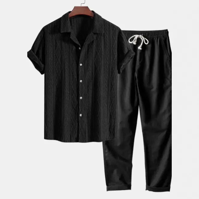 Men's slim fit camouflage print short sleeve shirt and trousers casual linen suit set.
