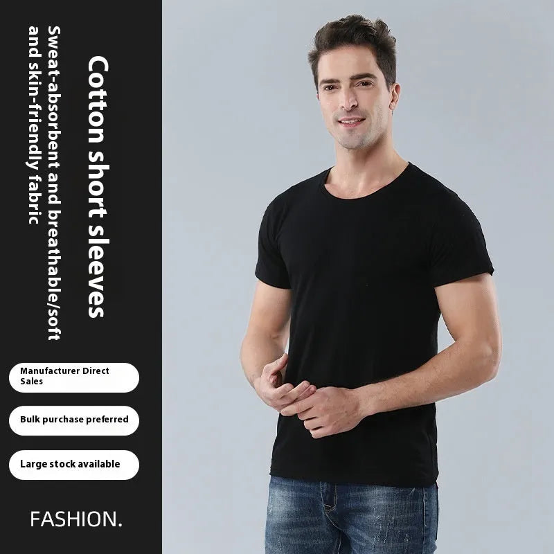 Men's black and white loose fit cotton t-shirt showing front view with round neck design