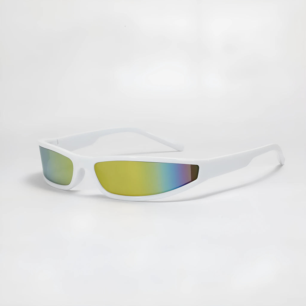 Creative narrow frame sunglasses for women in future style with mercury lens colour options.