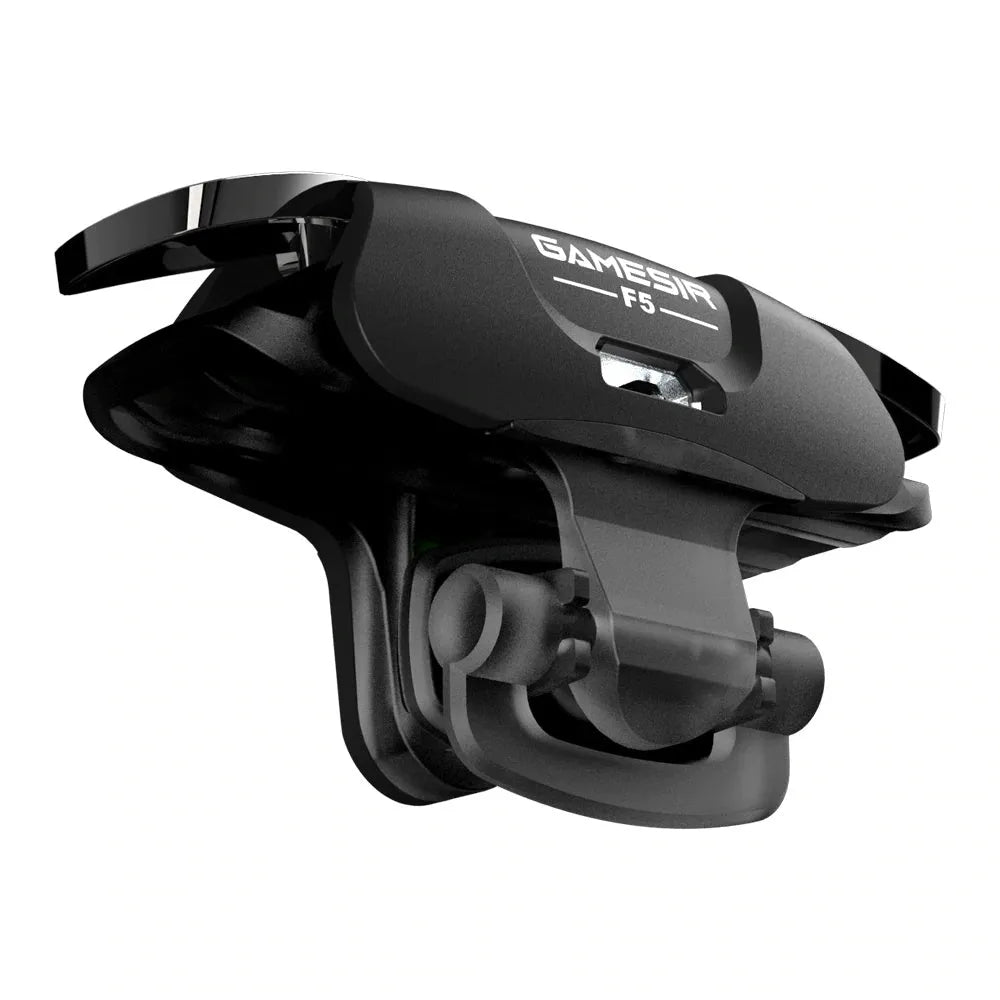 Black F5 mobile game controller for smartphones showing its compact size and button layout.