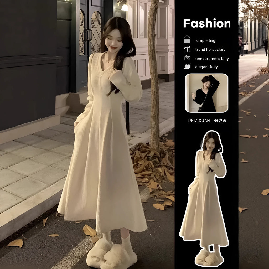 Women's white V-neck knitted dress with long princess sleeves and suspender skirt silhouette