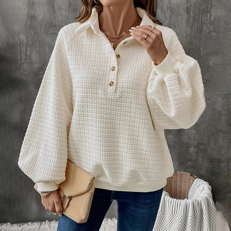 Women's milky white beige thickened polyester sweater with polo collar