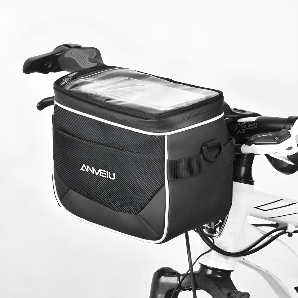 Black polyester bicycle handlebar bag with quick-release straps mounted on bicycle