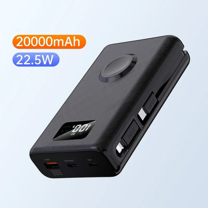 Black and white magnetic wireless power bank with digital display showing battery percentage