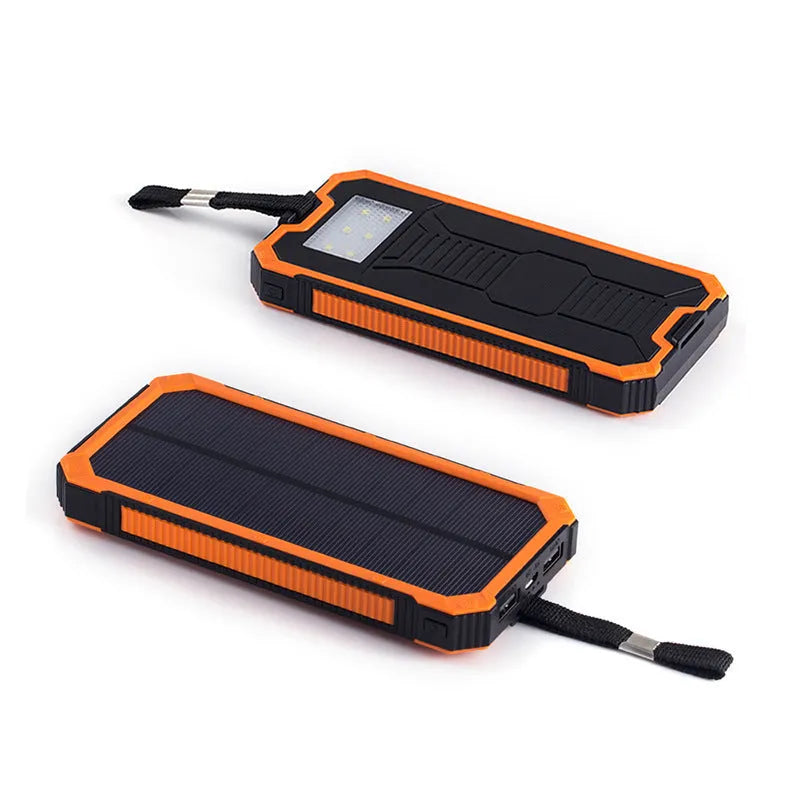 Solar power bank in orange, green, black or yellow with polymer lithium battery and compact plastic housing