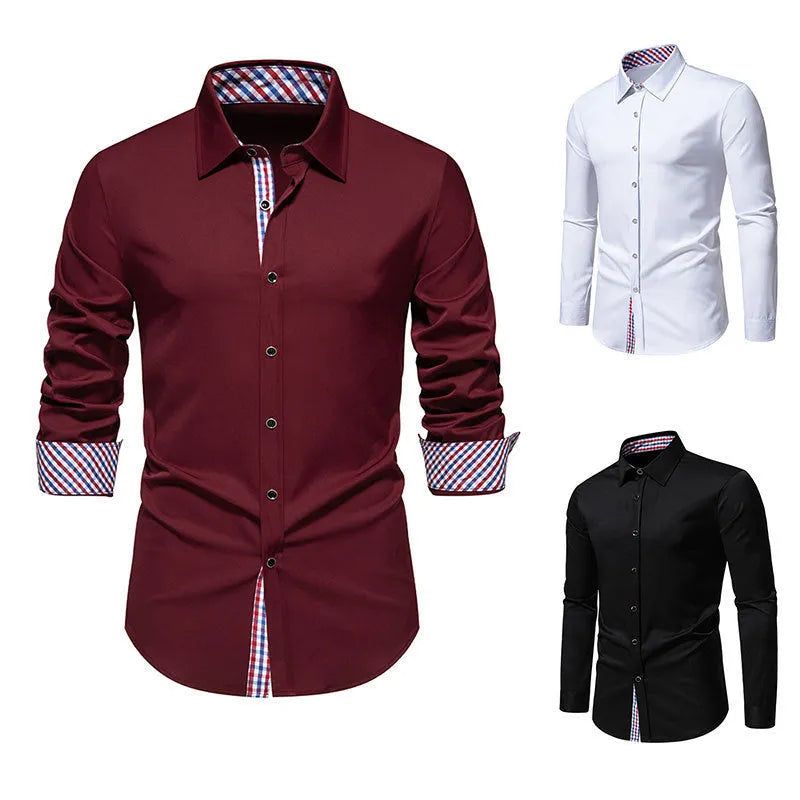 Men's loose plaid casual long-sleeved shirt in polyester blend fabric, available in multiple colours