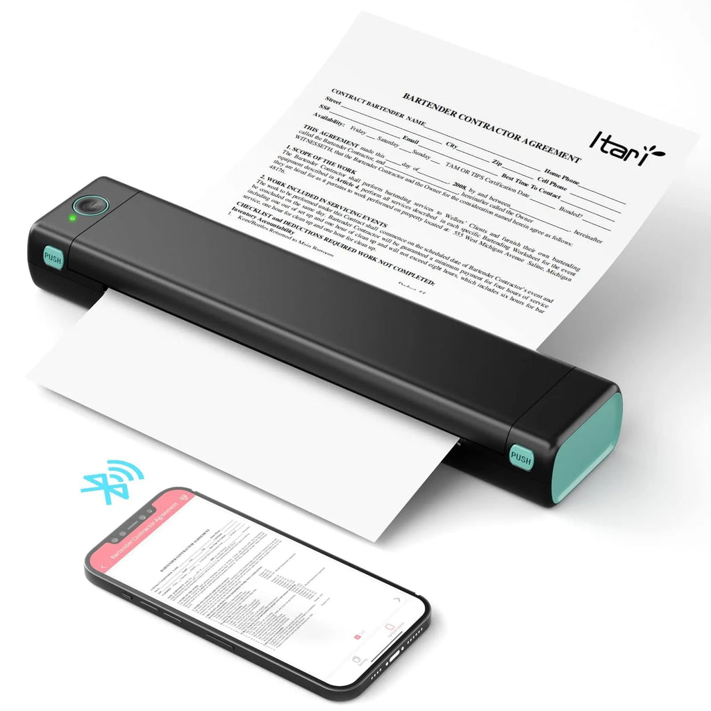 Phomemo M08F portable A4 thermal printer in various colours with charging cable