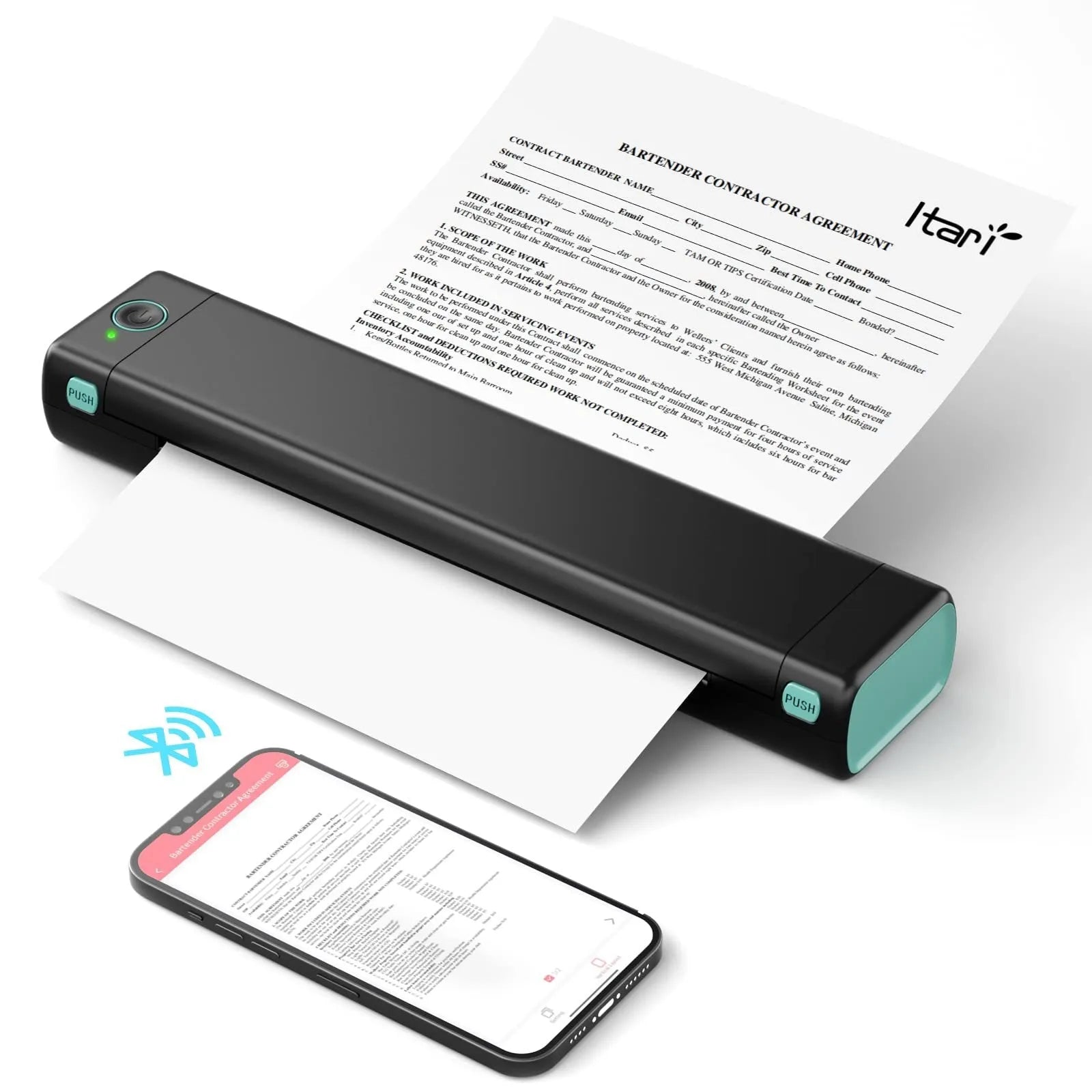Phomemo M08F portable A4 thermal printer in various colours with charging cable