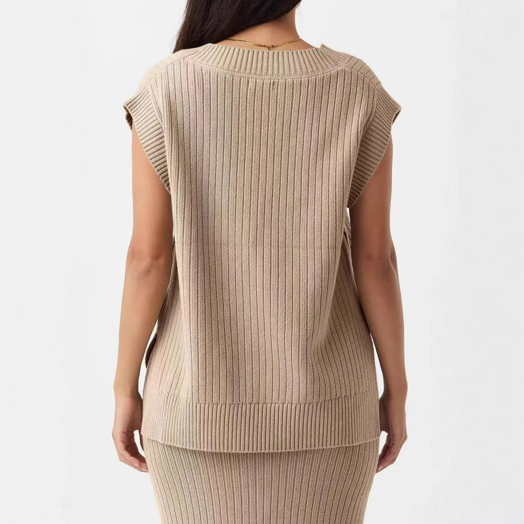 Women's v-neck sleeveless loose vest in camel colour with folding design details
