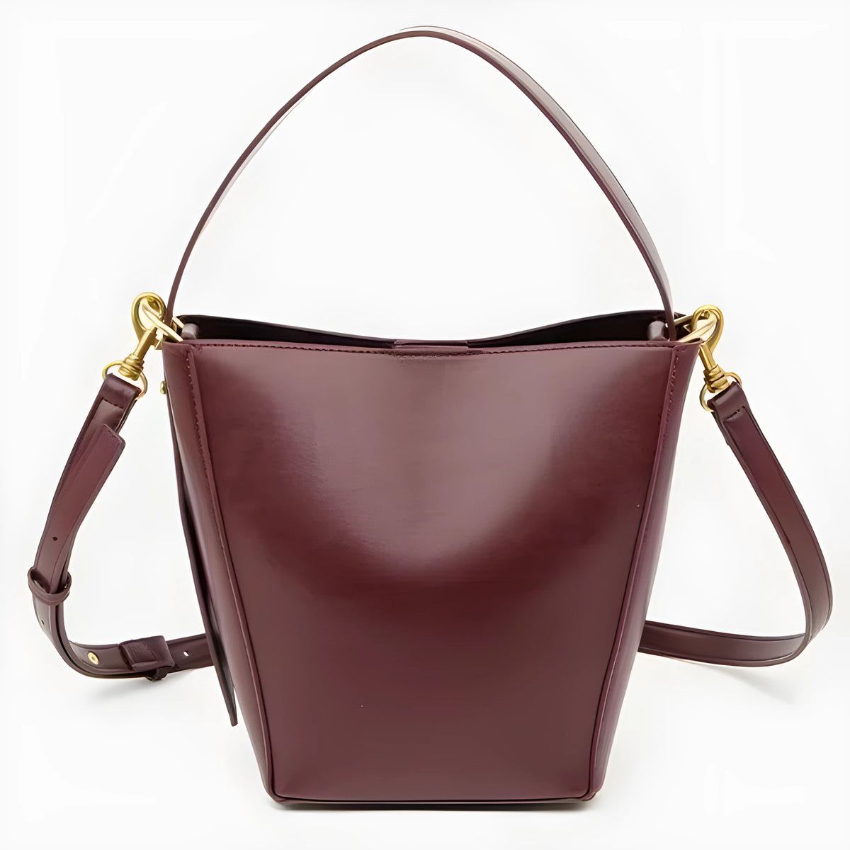 Urban minimalist bucket crossbody bag in army green with front three-dimensional pocket and adjustable strap