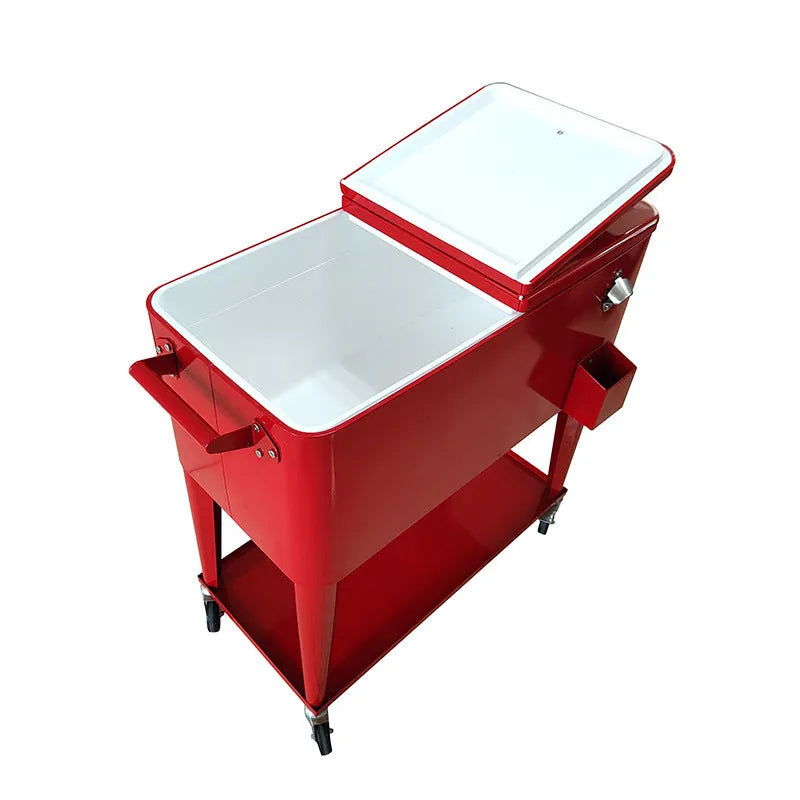 Red outdoor insulated metal cooler trolley with iron frame and 750 capacity