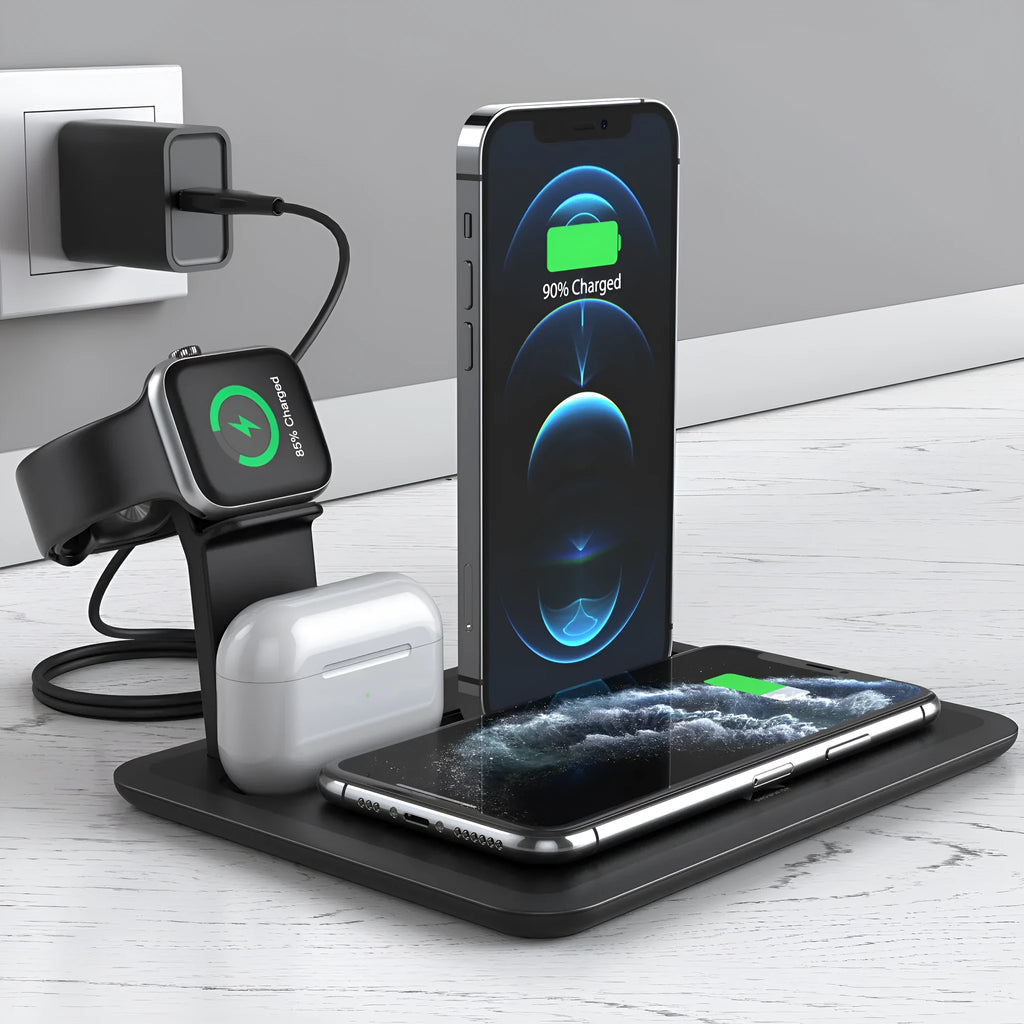 Black desktop wireless charging station with phone on pad, showing watch and headphone charging ports.