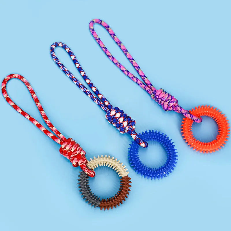 Blue braided rope knot dog chew toy on a white background