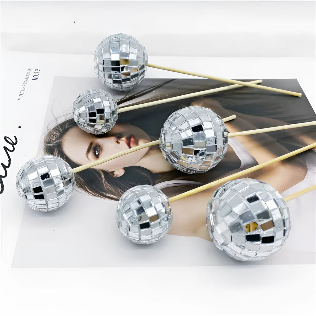 Glass disco ball cake decoration on wooden stick in various sizes for birthday party cakes