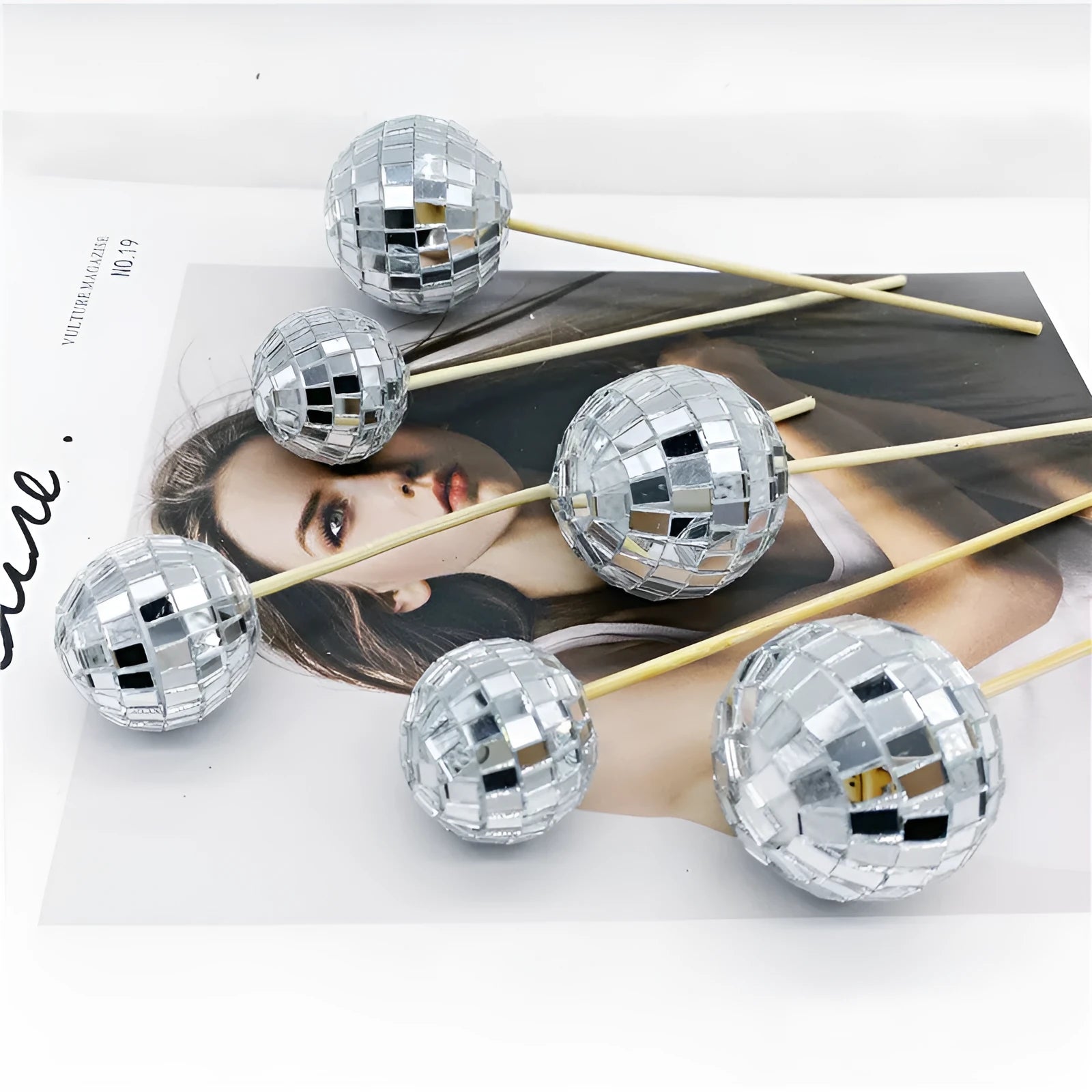 Glass disco ball cake decoration on wooden stick in various sizes for birthday party cakes