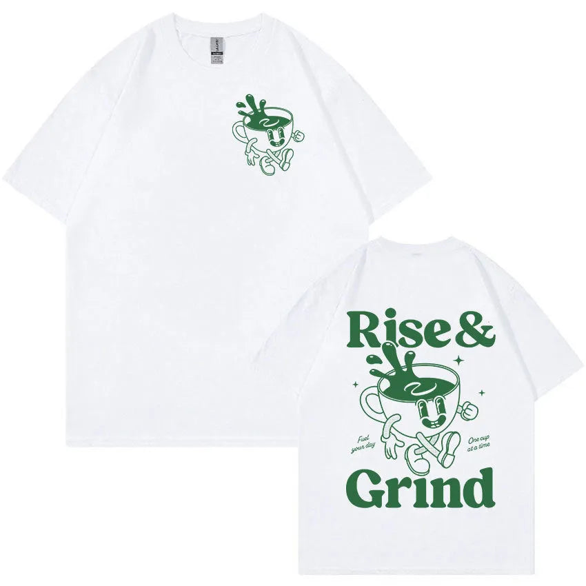 Man's loose-fit linen-blend t-shirt with Rise And Grind green coffee cartoon print