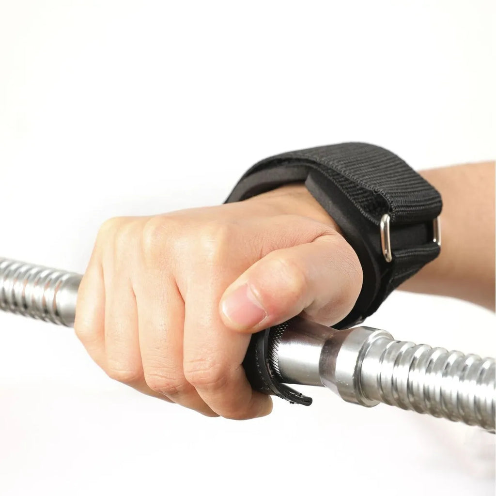 Black weightlifting booster hose with rubber palm protection and assist belts for grip training.
