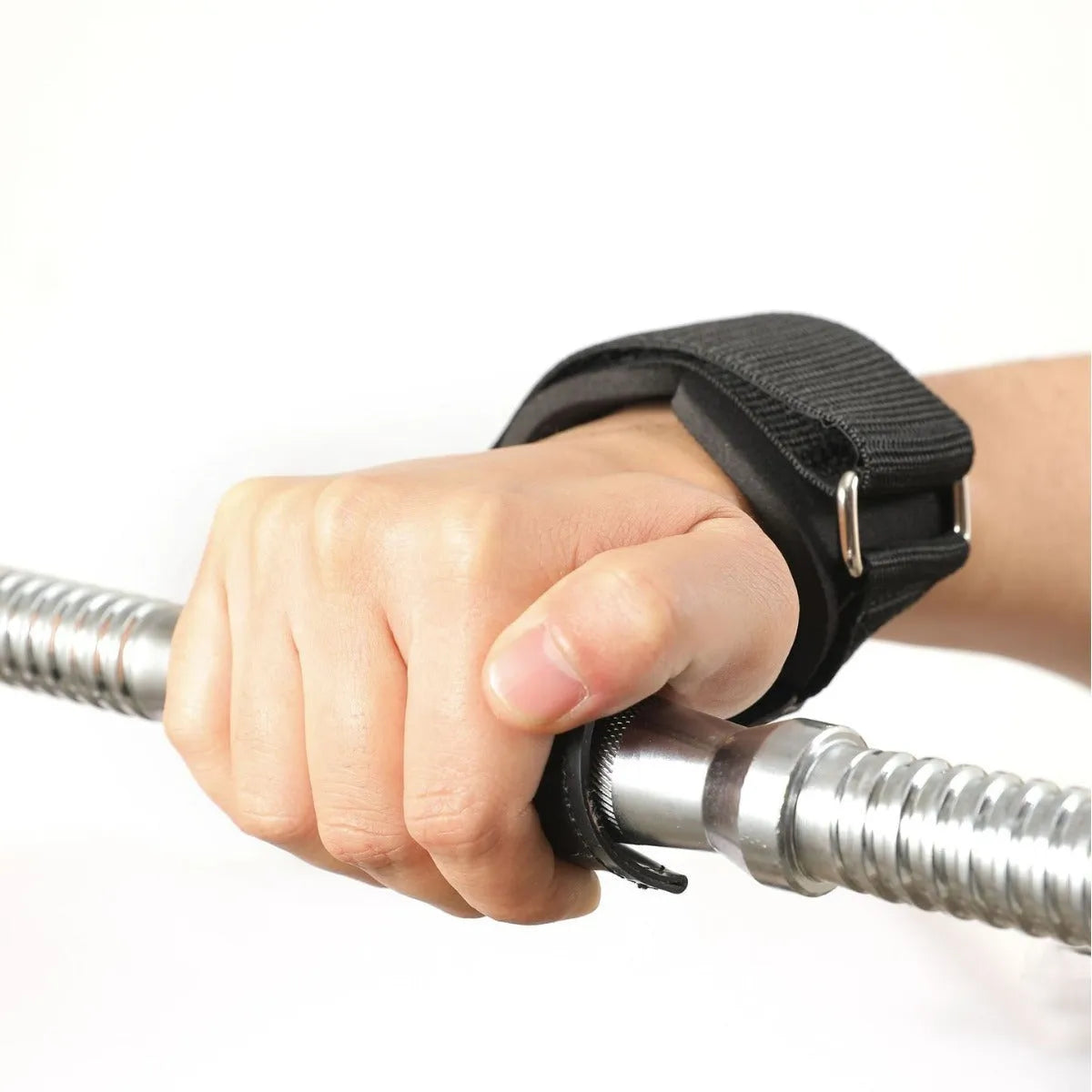 Black weightlifting booster hose with rubber palm protection and assist belts for grip training.