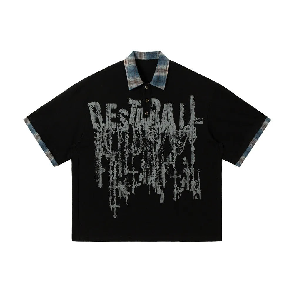 Men's loose blue cotton top with asymmetric cut and graffiti print on lapel.