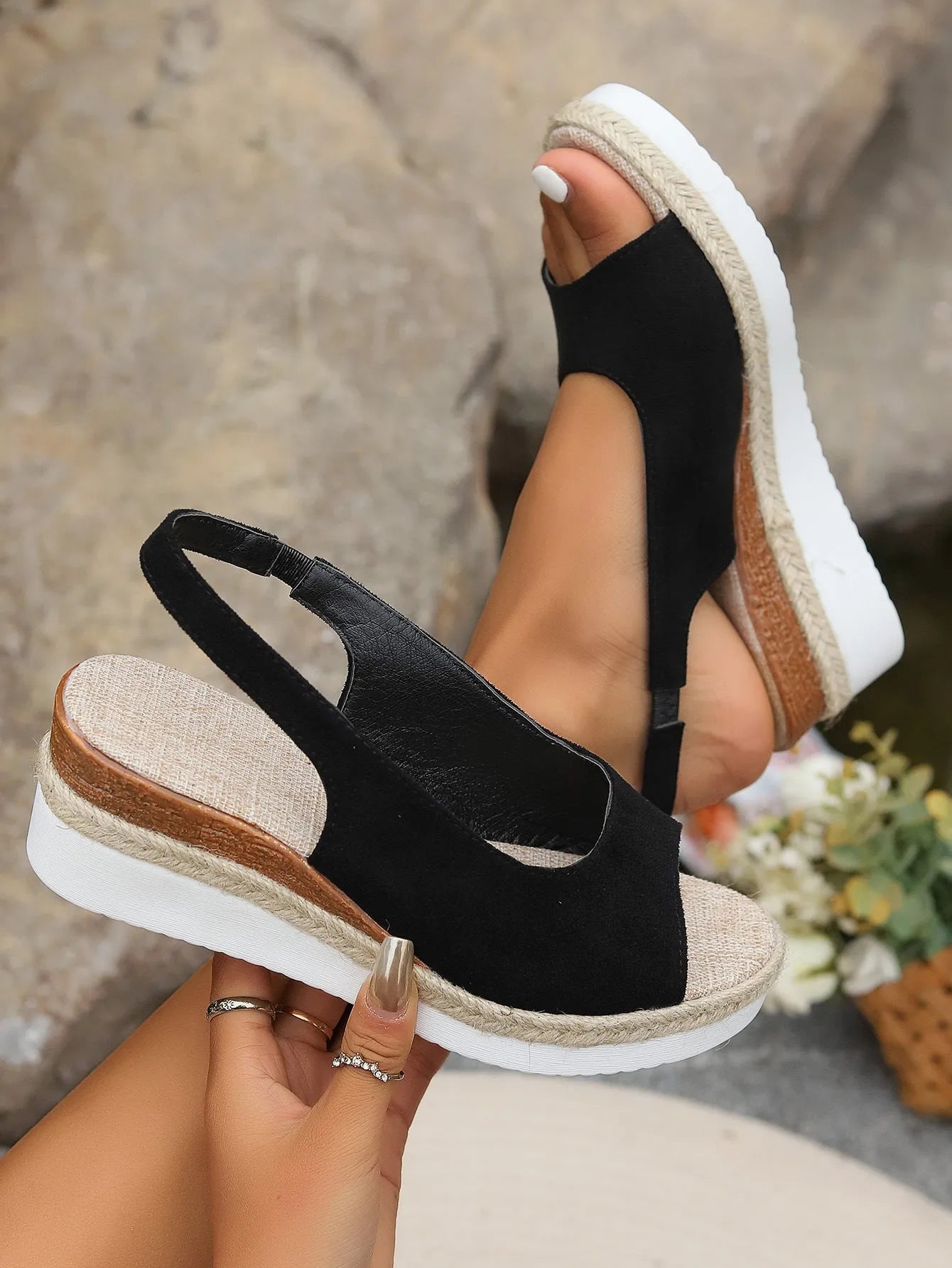 Women's plus size hemp rope cross wedge sandals with suede upper in black, sizes 36-43