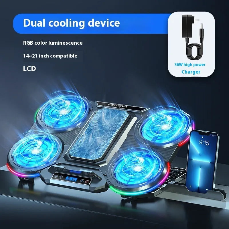Black laptop cooler with 4-core fan, semiconductor cooling, RGB lighting, 410 x 296 x 40 mm, 1 m cable