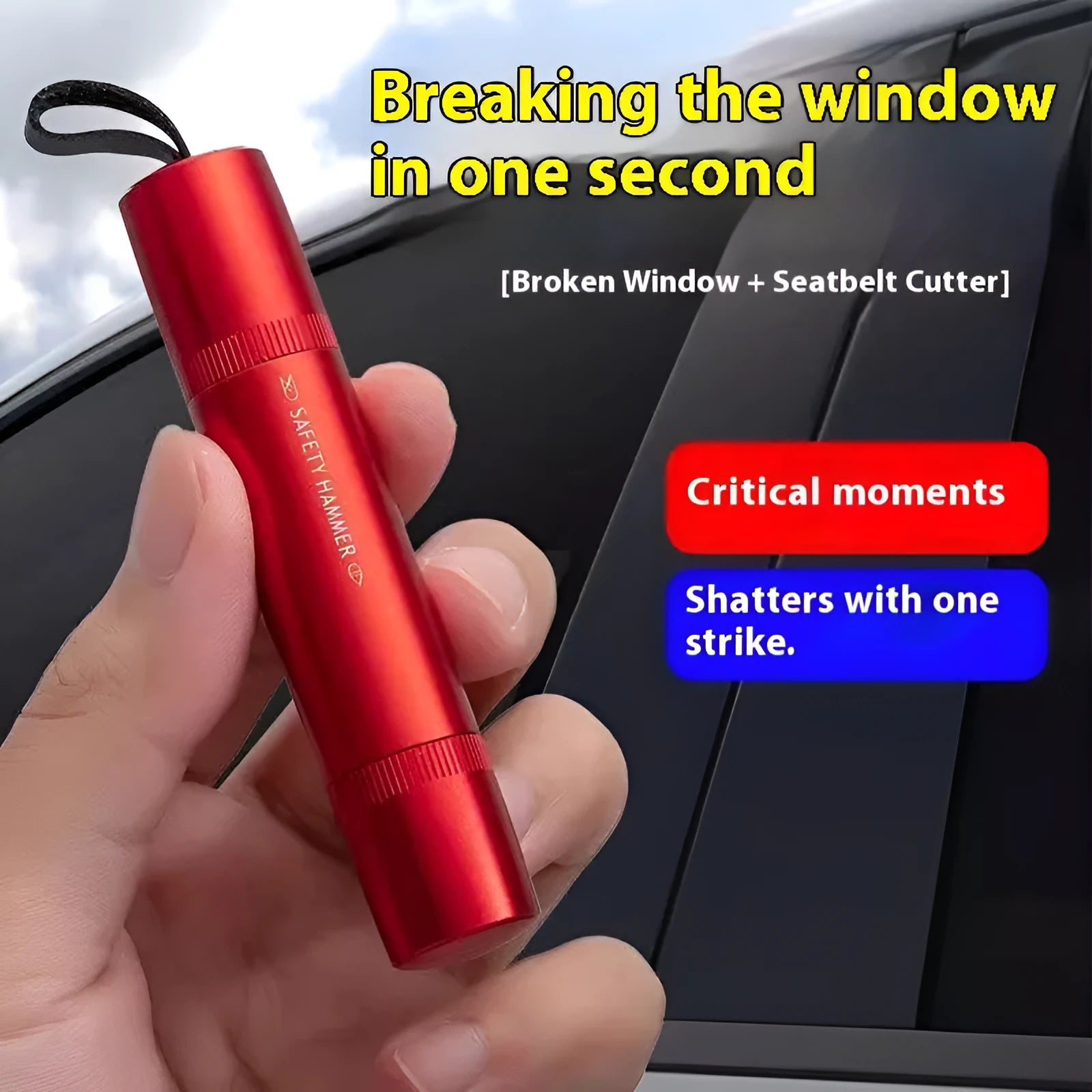 Black and red ABS plastic car safety life hammer with hardened steel tip for emergency window breaking